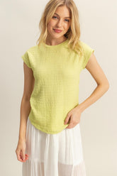Textured Round Neck Cap Sleeve Knit Top HYFVE Neon Yellow S